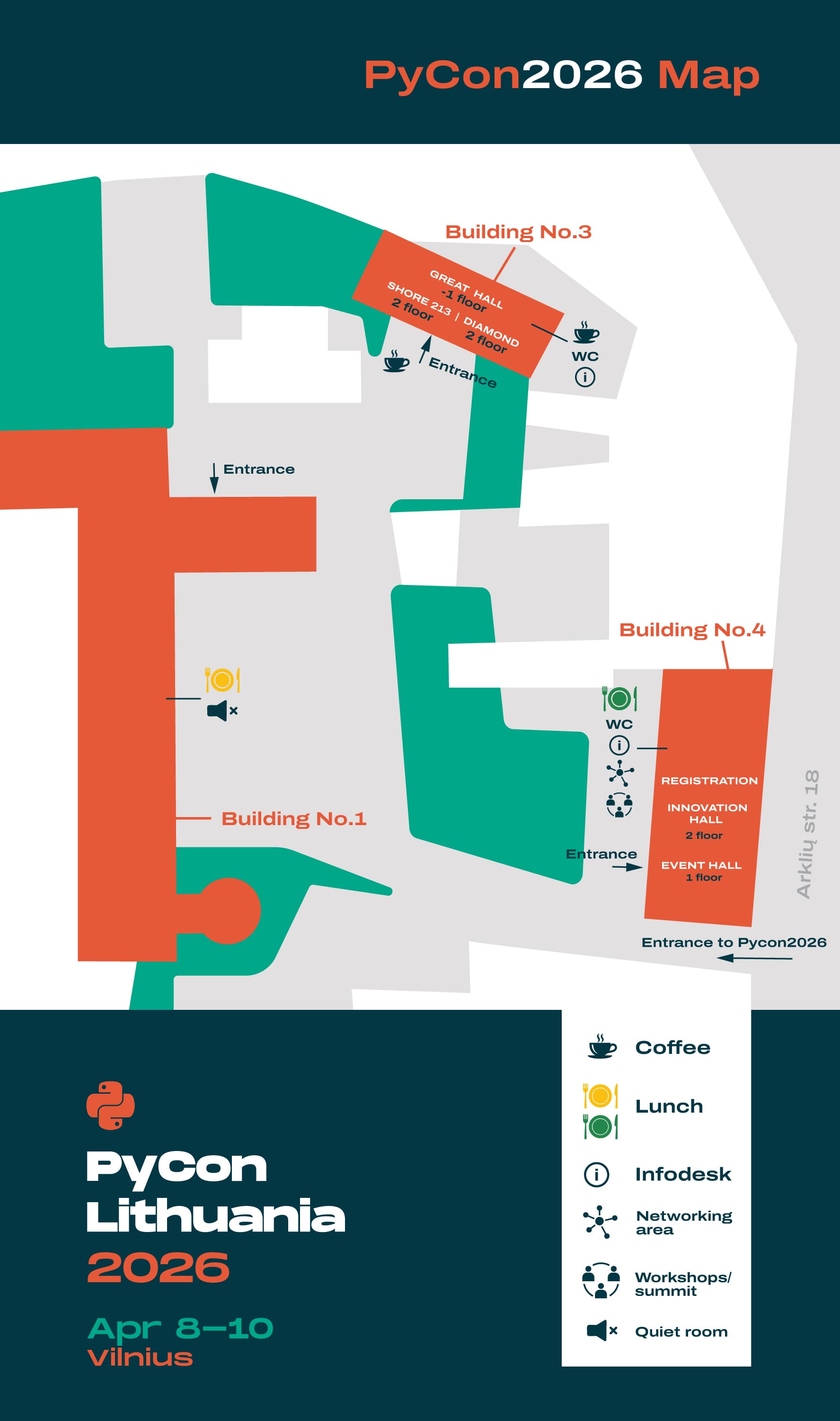 PyCon Lithuania 2026 venue map — buildings, rooms, entrances, coffee, lunch, and facilities at TAŠKIUS, Vilnius